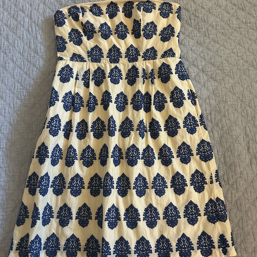 Strapless J. Crew Dress with Navy and White Design